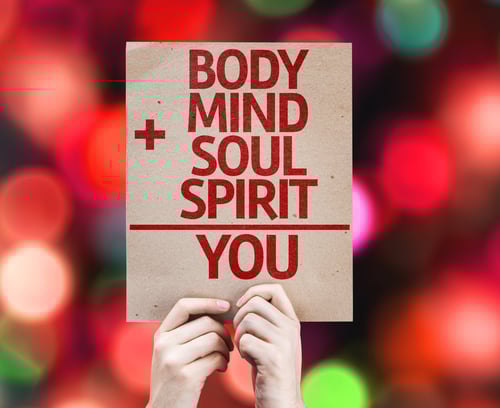 Body + Mind + Soul + Spirit = You card with colorful background with defocused lights